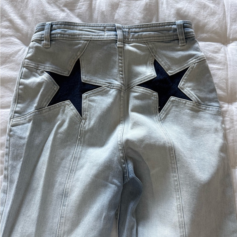 Free People Womens Bootcut Flare Light Blue Star Patch Jeans